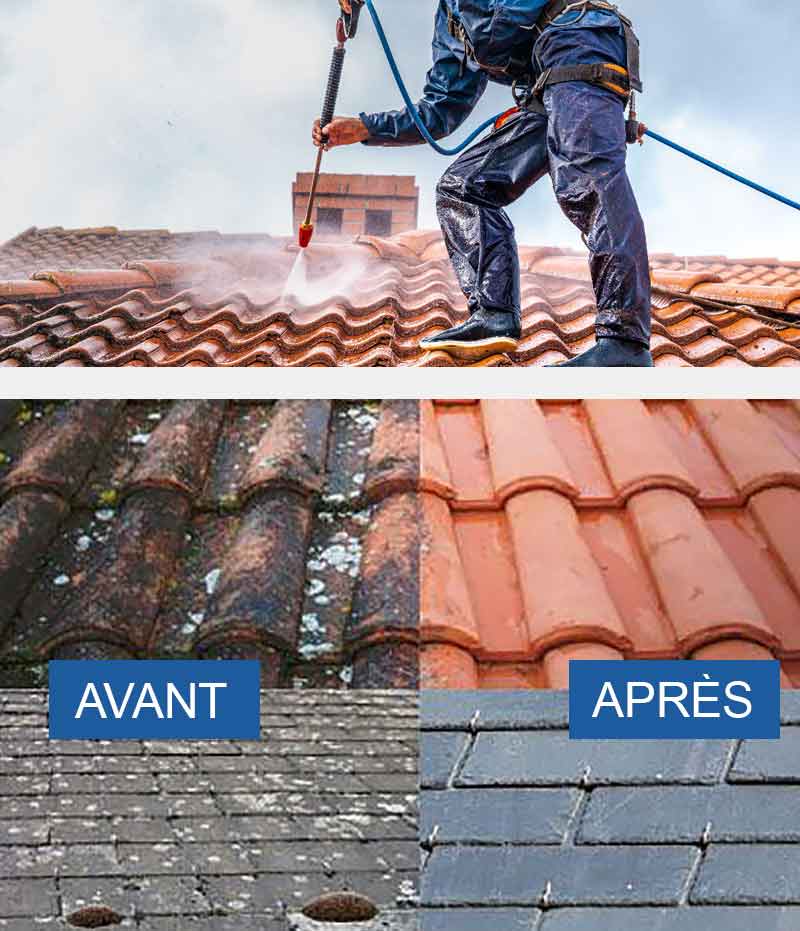 Nettoyage et démoussage toiture - HMPRO Couverture Tours : Nettoyage, démoussage, traitement anti mousse toiture et peinture hydrofuge colorée pour toit. Artisan couvreur en Indre-et-Loire (37) sur Tours et les alentours.